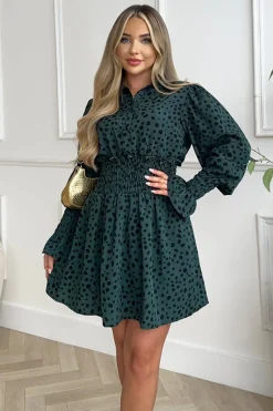 Teal Printed Shirred Detail Long Sleeve Shirt Skater Dress