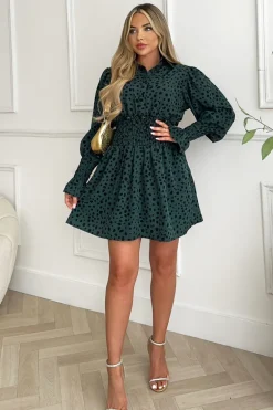 Teal Printed Shirred Detail Long Sleeve Shirt Skater Dress