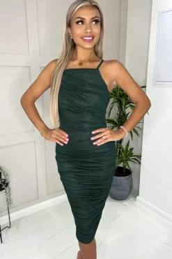 Teal Ruched Bodycon Shimmer Midi Dress