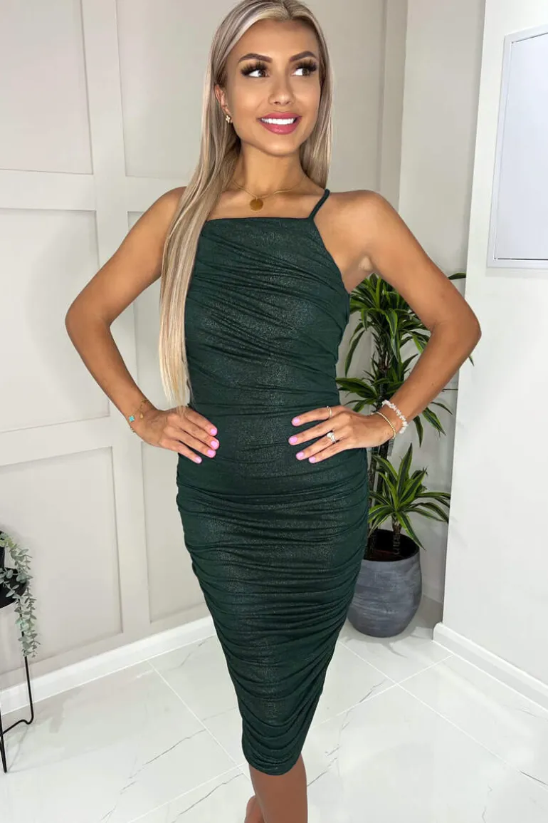 Teal Ruched Bodycon Shimmer Midi Dress