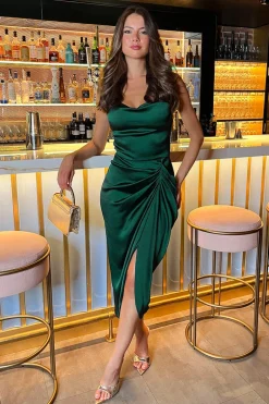 Teal Satin Strappy Cowl Neck Gathered Skirt Midi Dress