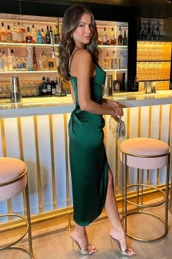 Teal Satin Strappy Cowl Neck Gathered Skirt Midi Dress