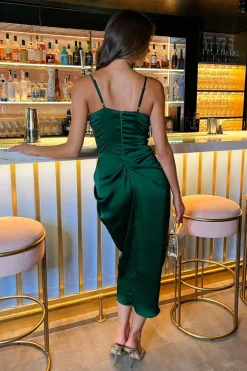 Teal Satin Strappy Cowl Neck Gathered Skirt Midi Dress