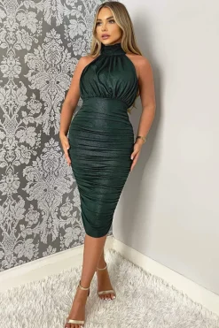 Teal Shimmer High Neck Ruched Bodycon Midi Dress