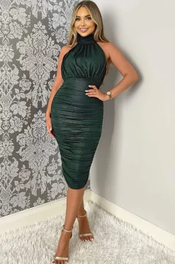 Teal Shimmer High Neck Ruched Bodycon Midi Dress