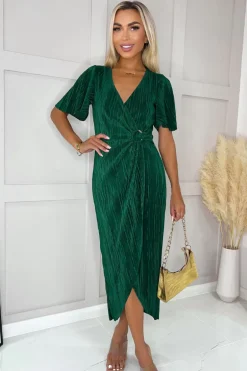 Teal Short Sleeve Plisse Wrap Midi Dress