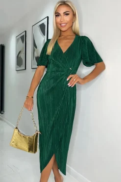 Teal Short Sleeve Plisse Wrap Midi Dress