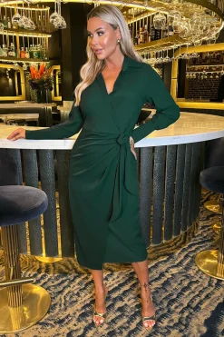 Teal Side Tie Waist Wrap Midi Dress