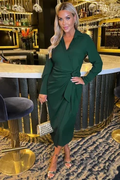 Teal Side Tie Waist Wrap Midi Dress