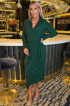Teal Side Tie Waist Wrap Midi Dress