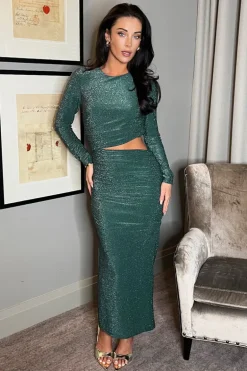 Teal Sparkle Long Sleeve Cut Out Ruched Bodycon Midi Dress
