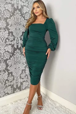 Teal Square Neck Ruched Long Sleeve Midi Dress