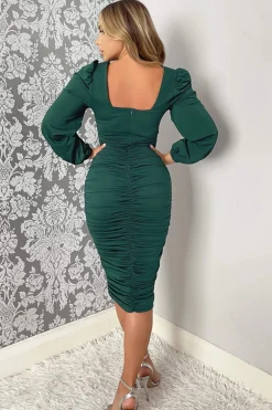Teal Square Neck Ruched Long Sleeve Midi Dress