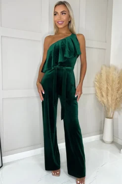 Teal Velvet One Shoulder Frill Belted Jumpsuit