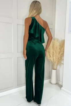 Teal Velvet One Shoulder Frill Belted Jumpsuit