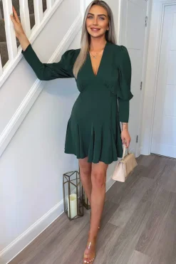 Teal V-Neck Long Sleeve Skater Dress