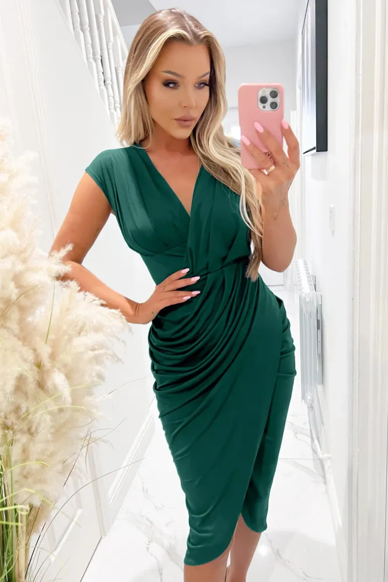 Teal Wrap Draped Midi Dress