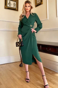 Teal Wrap Gold Buckle Midi Dress