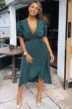 Teal Wrap Over Tie Midi Dress