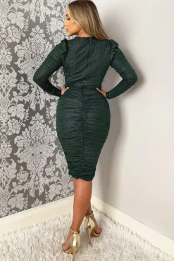 Teal Wrap Top Long Sleeve Ruched Shimmer Bodycon Midi Dress