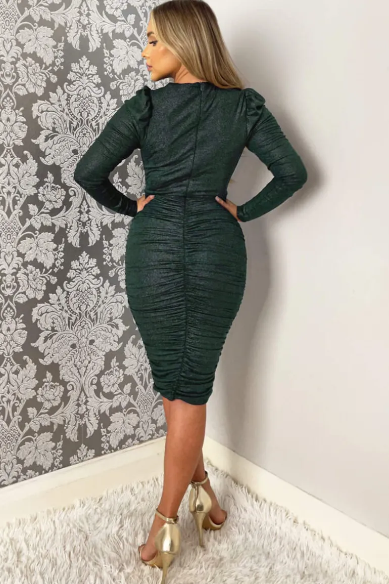 Teal Wrap Top Long Sleeve Ruched Shimmer Bodycon Midi Dress
