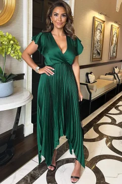 Teal Wrap Top Zig Zag Hem Pleated Midi Dress