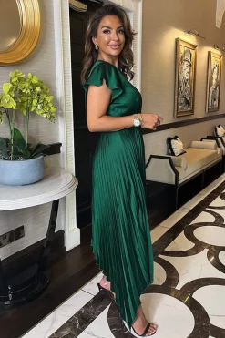 Teal Wrap Top Zig Zag Hem Pleated Midi Dress