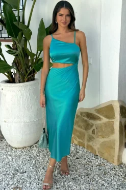 Turquoise Asymmetric Cut Out Strappy Midi Dress
