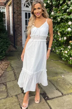 White Broderie Frill Hem Midi Dress