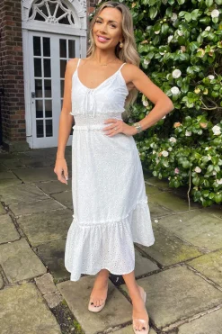 White Broderie Frill Hem Midi Dress