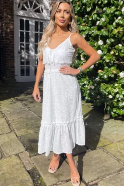 White Broderie Frill Hem Midi Dress