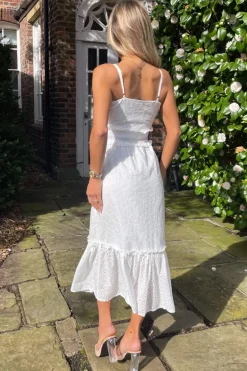 White Broderie Frill Hem Midi Dress
