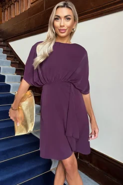 Wine Batwing Gathered Top Mini Dress