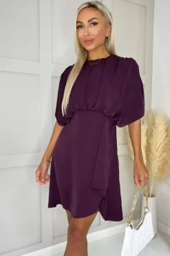 Wine Batwing Gathered Top Mini Dress