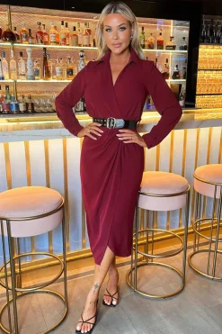 Wine Belted Wrap Midi Shirt Dress