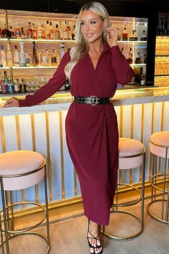 Wine Belted Wrap Midi Shirt Dress
