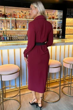 Wine Belted Wrap Midi Shirt Dress