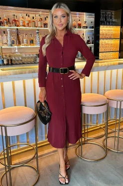 Wine Button Front Belted Shirt Midi Dress