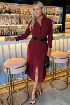 Wine Button Front Belted Shirt Midi Dress
