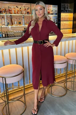Wine Button Front Belted Shirt Midi Dress