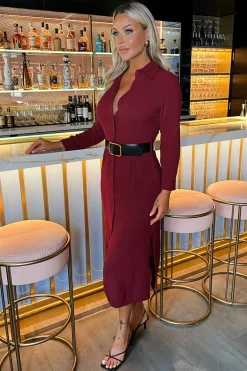 Wine Button Front Belted Shirt Midi Dress