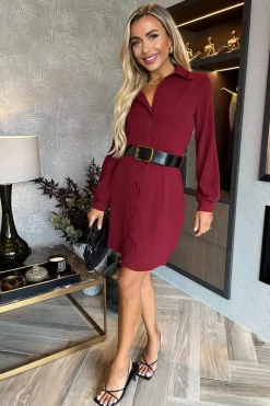 Wine Button Front Belted Shirt Mini Dress