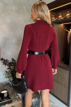 Wine Button Front Belted Shirt Mini Dress