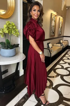 Wine High Neck Puff Sleeve Zig Zag Hem Pleated Midi Dress