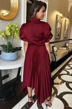 Wine High Neck Puff Sleeve Zig Zag Hem Pleated Midi Dress