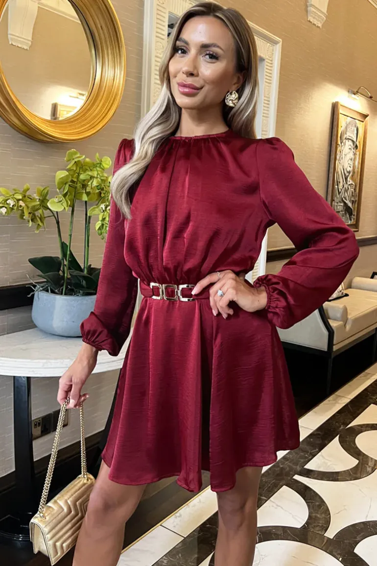 Wine Long Sleeve Belted Skater Mini Dress