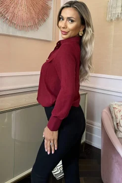 Wine Long Sleeve Gold Button Shirt