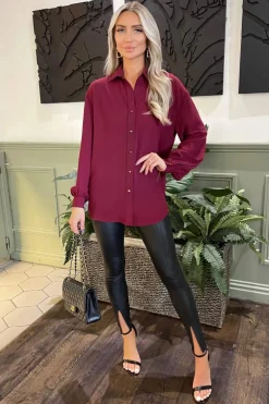 Wine Long Sleeve Gold Button Front Shirt