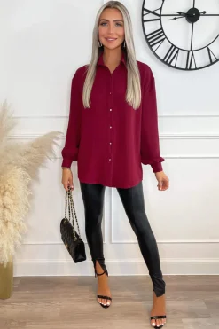 Wine Long Sleeve Gold Button Front Shirt