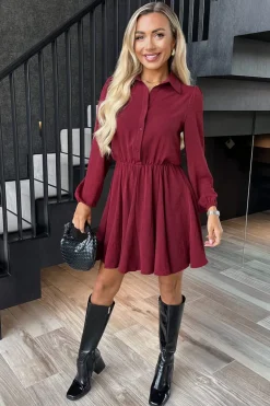 Wine Long Sleeve Mini Skater Dress